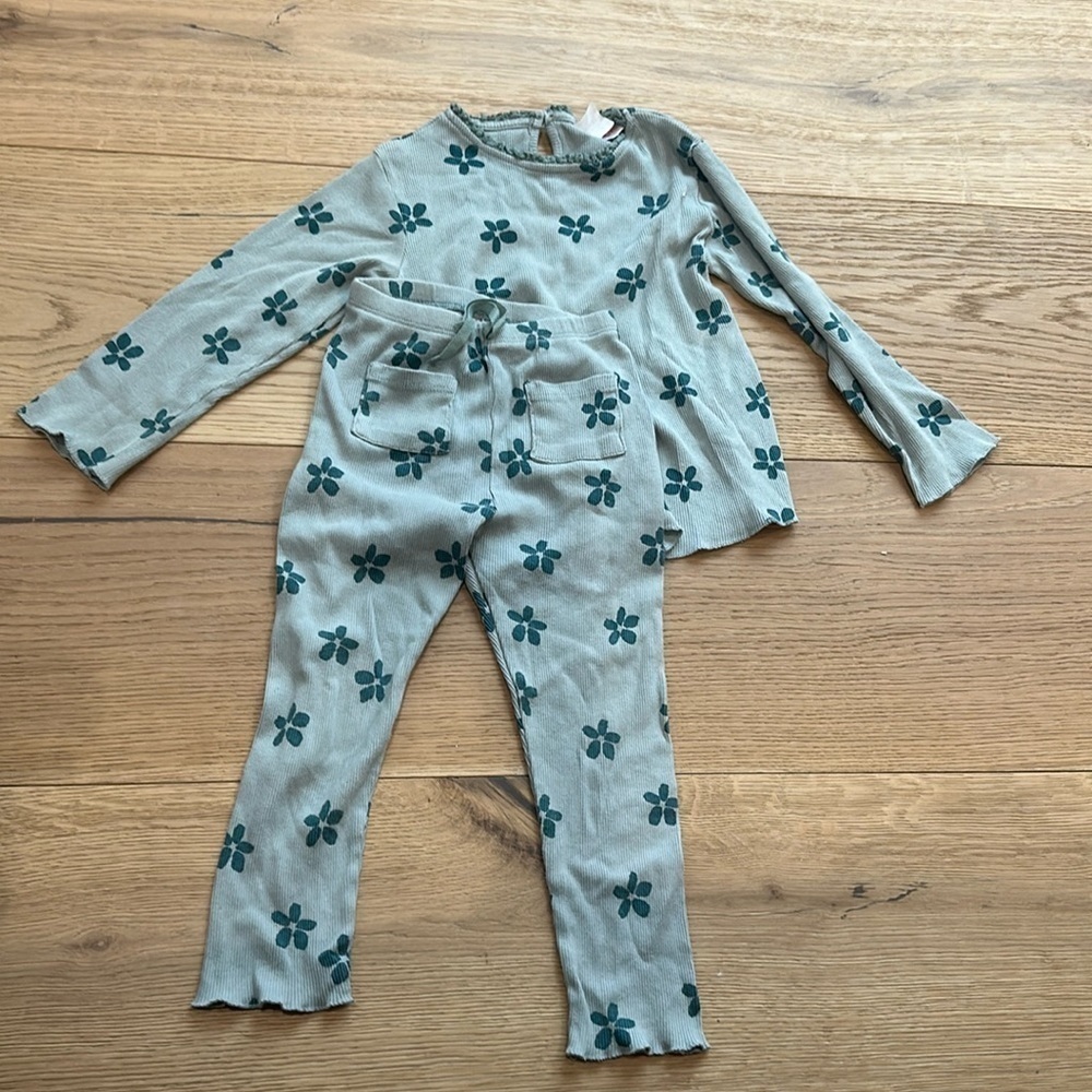 Zara Set Shirt Pants Ruffled Girls Outfit Blue Flowers 3/4T